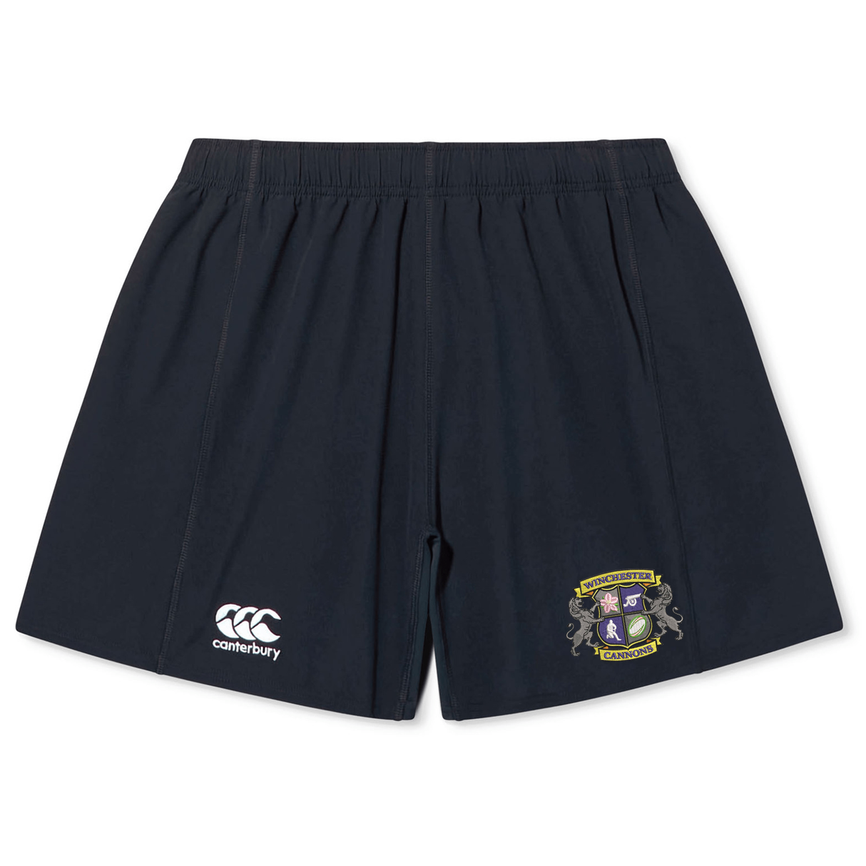 The Winchester Cannons Yokohama Short by EMB Canterbury features lightweight, durable navy fabric, an elastic waistband, the Canterbury logo on the left leg, and a crest patch on the right leg.