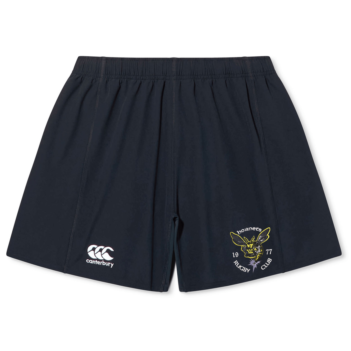 The Hornets Rugby Club 1977 Yokohama Short by EMB Canterbury features a navy blue design, classic Canterbury logo on the left leg, and the Hornets Rugby Club emblem on the right leg in the popular Yokohama short style.