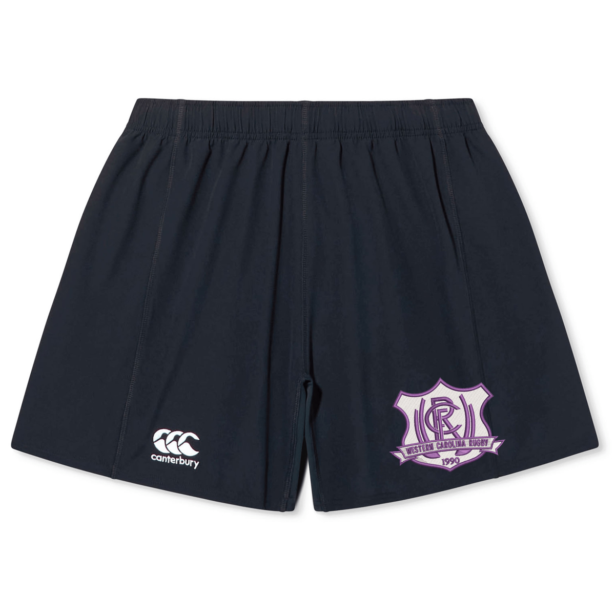 Dark blue Western Carolina University Yokohama Short by Canterbury rugby shorts featuring a white logo on the right leg and a purple and white Western Carolina Rugby crest on the left leg.