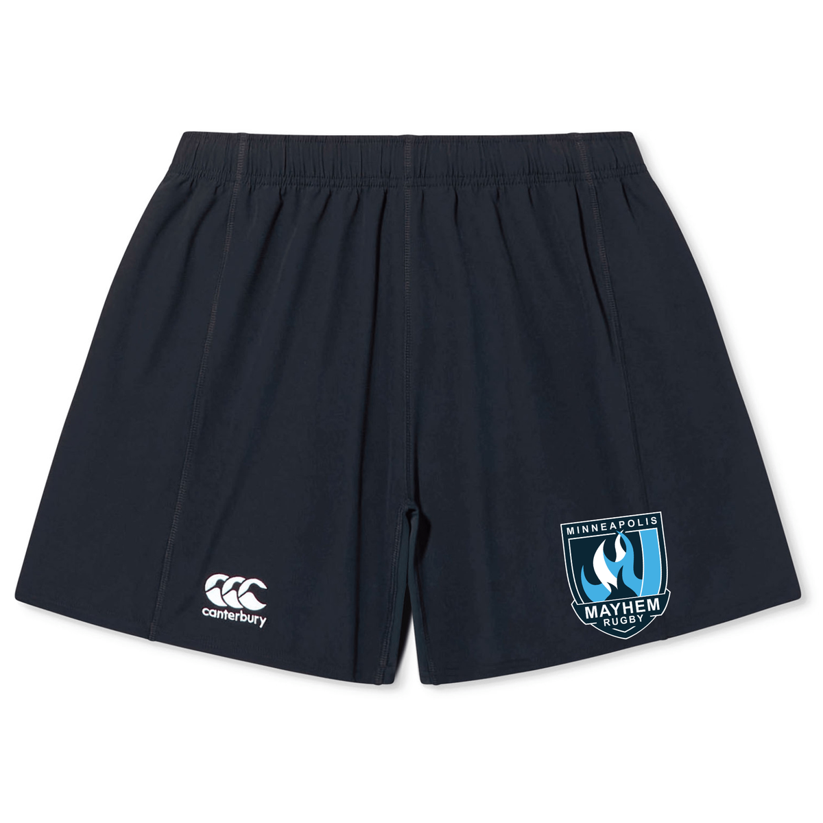 The Minneapolis Mayhem Rugby Yokohama Short by Canterbury features a black design with an elastic waistband, showcasing a white EMB Canterbury logo and a blue Minneapolis Mayhem Rugby team crest. Built for durability, comfort, and performance, these rugby shorts are ideal for both intense training sessions and match days.