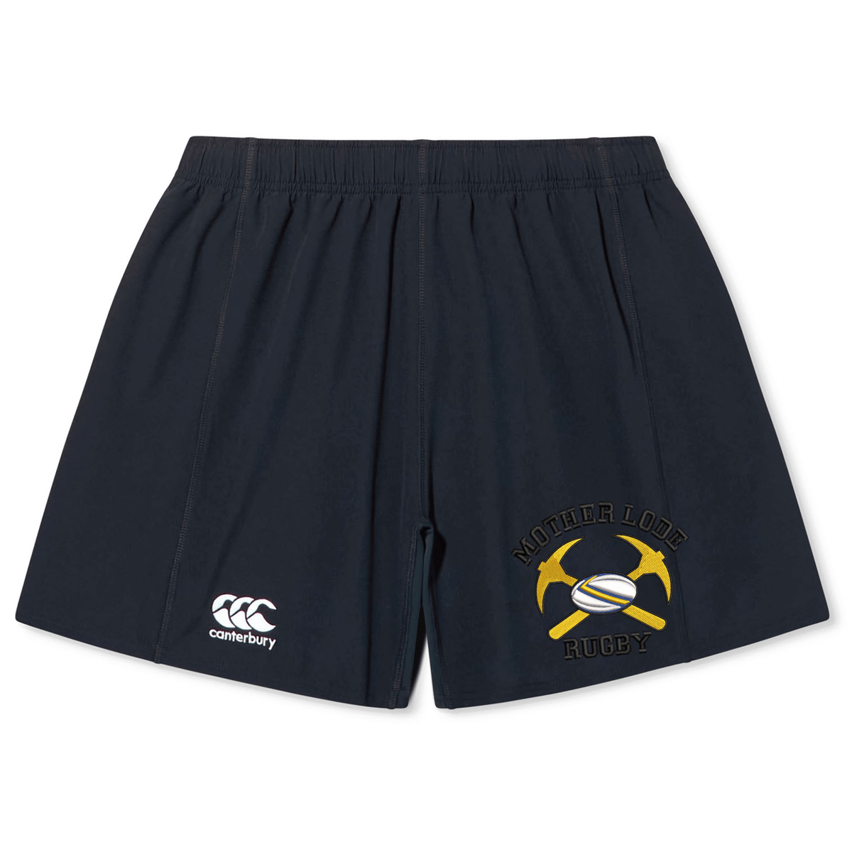 Dark navy Mother Lode Yokohama Short by Canterbury rugby shorts featuring a logo on the right leg with two crossed yellow pickaxes, a rugby ball, and the text “MOTHER LODE RUGBY.”