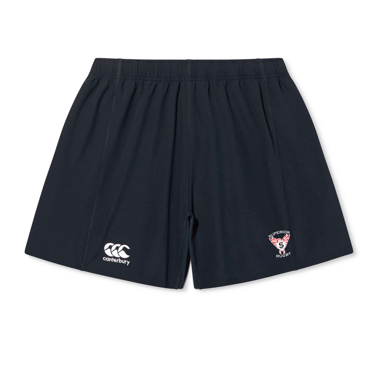 The EMB Canterbury Superior Rugby Club Yokohama Short is a black pair featuring the iconic logo on the left leg and a custom Superiors Rugby club crest on the right.