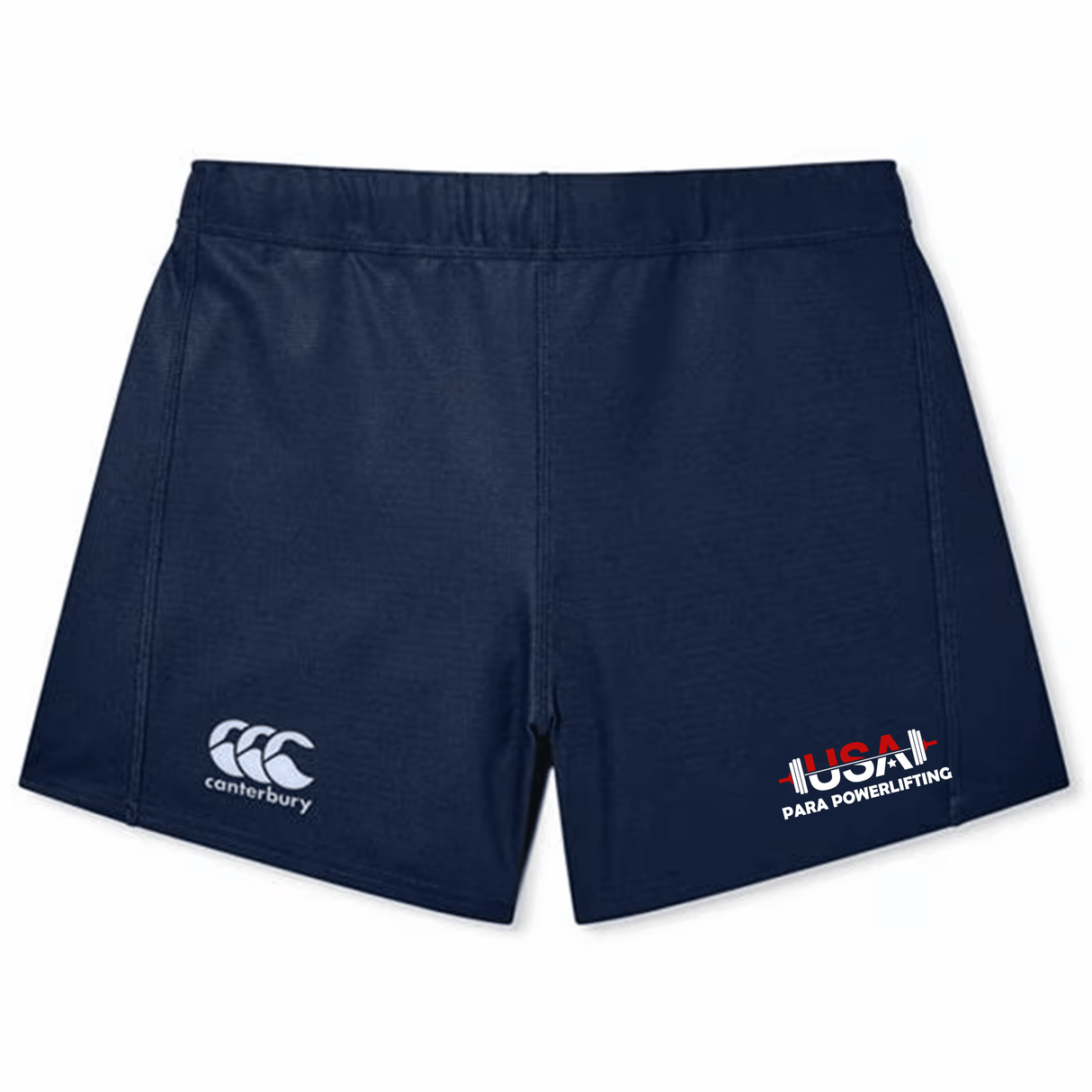 The USA Para Powerlifting Women's Yokohama Short by EMB Canterbury features Vapodri fabric, the Canterbury logo on the left, and a "USA Para Powerlifting" logo on the right.