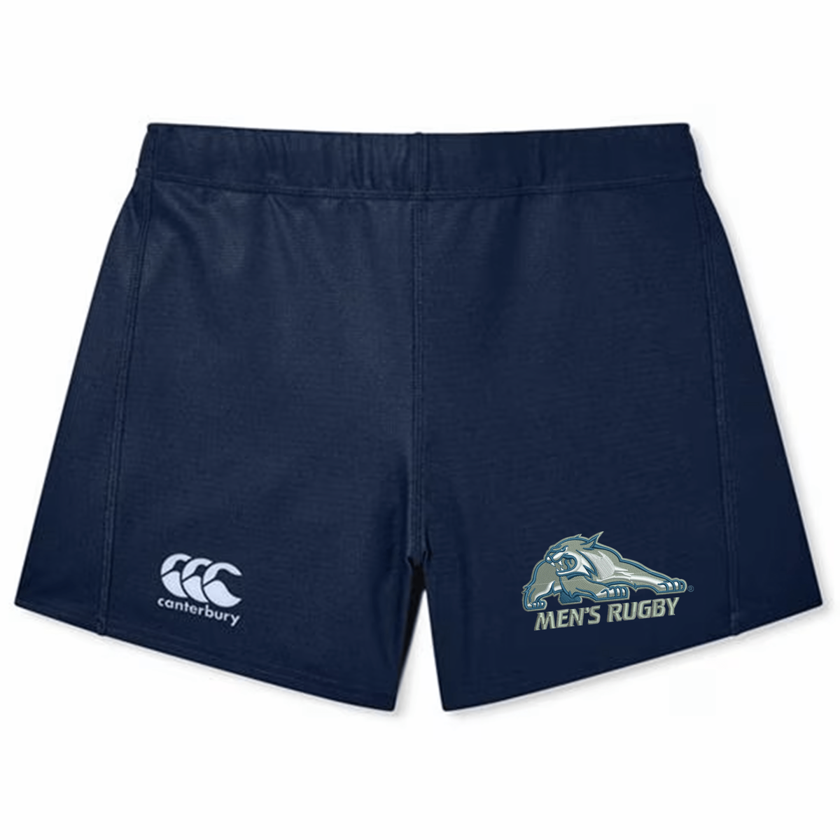 Navy blue University of New Hampshire Women’s Yokohama Short by Canterbury with a logo on the left leg and a wildcat mascot graphic with “Men’s Rugby” text on the right leg.