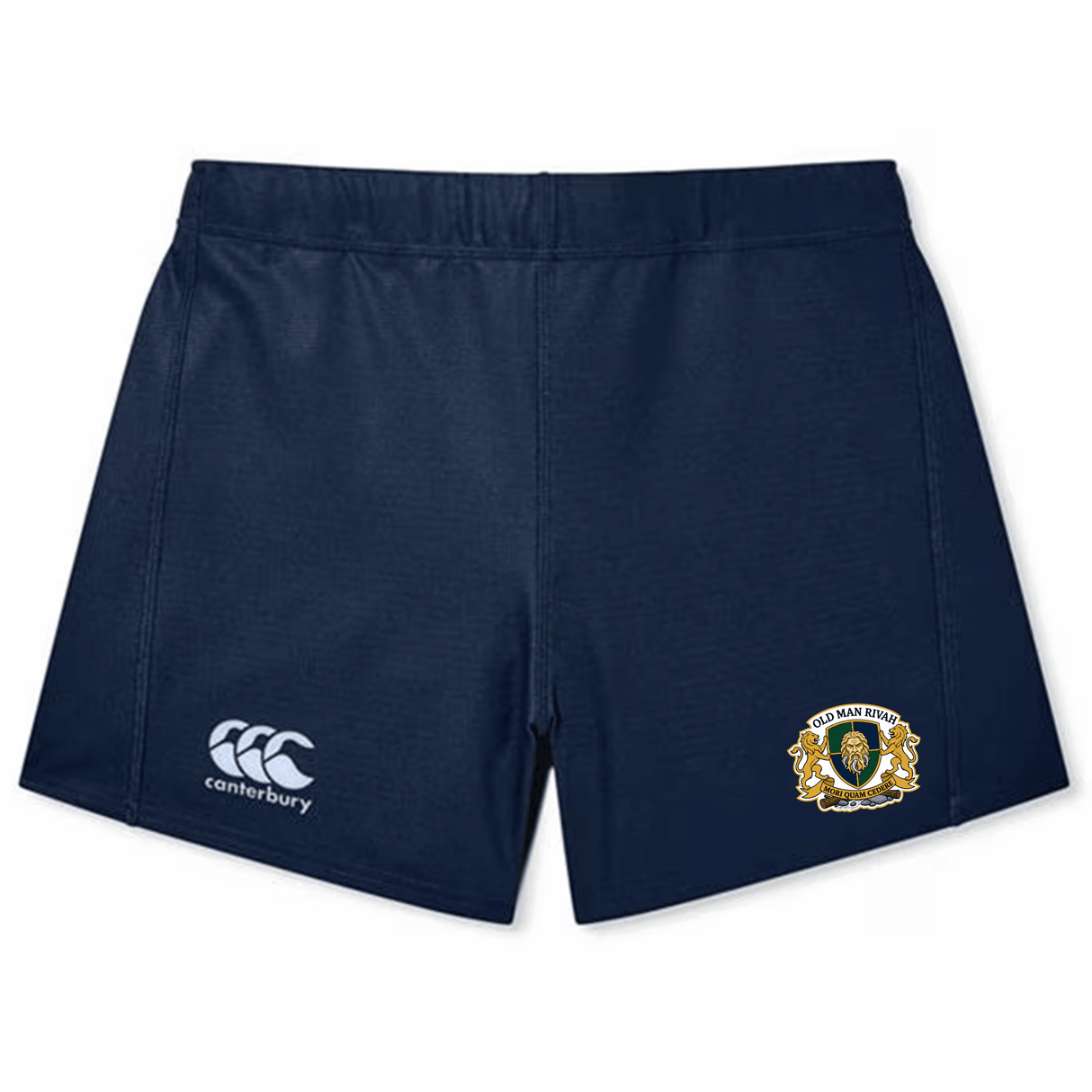 The Old Man Rivah Rugby Women's Yokohama Short by EMB Canterbury features navy blue fabric, the iconic Canterbury logo on the left leg, and an embroidered crest on the right—ideal for active performance.