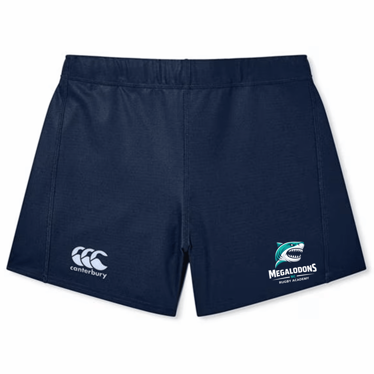 The EMB Canterbury NC Rugby Academy - Megalodons Women's Yokohama Short features navy blue lightweight, durable fabric, a gathered waistband, the Canterbury logo on the left leg, and the Megalodons Rugby Academy logo on the right.