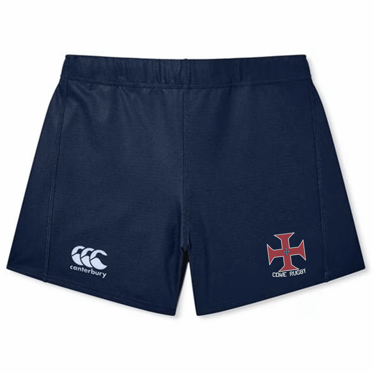 The SF CDME Rugby Women's Yokohama Short by Canterbury features a navy blue design with the distinctive EMB Canterbury logo on the left and a red cross emblem above the text “CCME RUGBY” on the right, making them perfect for women’s rugby or as stylish Yokohama Shorts.