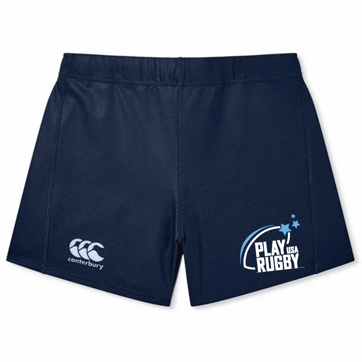 The Play Rugby USA Women’s Yokohama Short by EMB Canterbury features classic navy blue Vapodri fabric for superior comfort and breathability. These rugby shorts display both the Canterbury and Play Rugby USA logos on the front, and are pictured laid flat against a plain background.