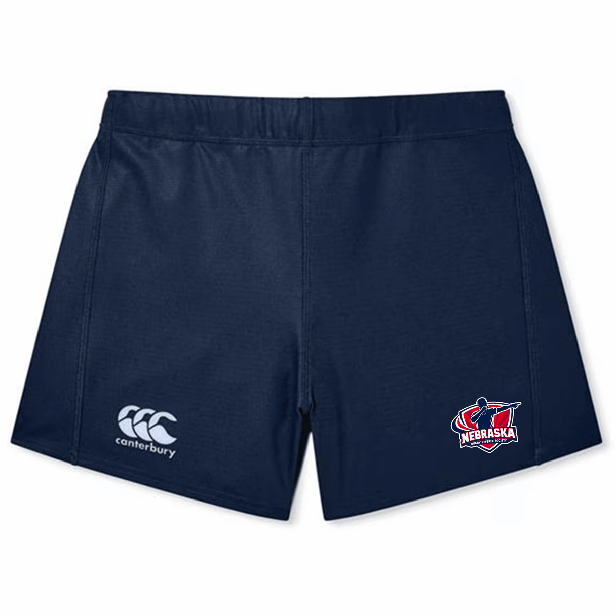 The EMB Canterbury Nebraska Rugby Referee Society Women's Yokohama Short features lightweight, durable fabric, a secure fit, Canterbury logo on the left leg, and Nebraska Rugby Referee Society logo on the right.