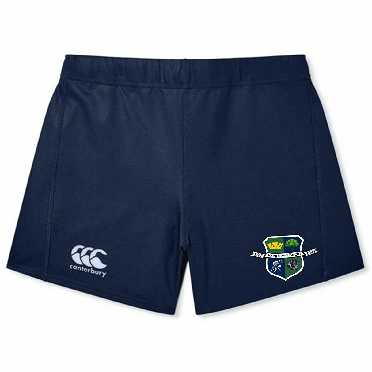 The Kingwood Rugby Women's Yokohama Short by EMB Canterbury features Vapodri fabric, a white Canterbury logo on the left leg, and a vibrant school crest on the right—ideal for women's rugby.