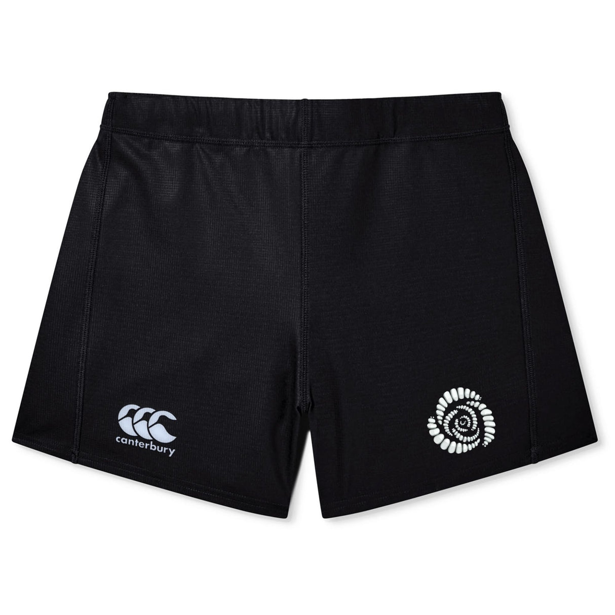 The Missoula All-Maggots Women's Yokohama Short by EMB Canterbury features black athletic shorts with a white Canterbury logo on the left leg and a white spiral pattern on the right leg, displayed against a plain white background. Designed as lightweight and durable sportswear, these shorts are ideal for women's rugby or any active lifestyle.