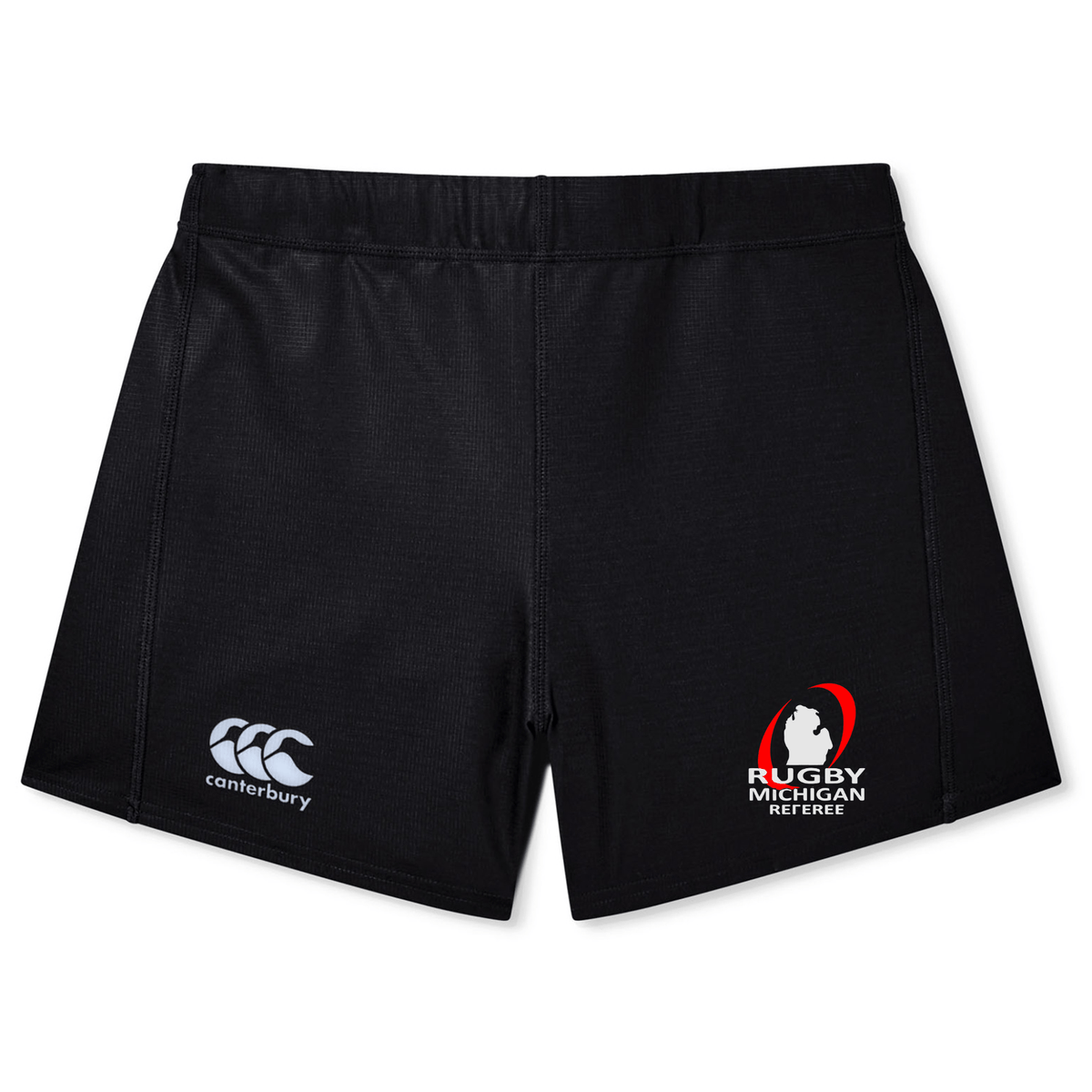 The Rugby Michigan Referee Society Women's Yokohama Shorts by Canterbury showcase a black design with a white CCC logo on the left and a red and white Rugby Michigan Referee logo on the right. Constructed from lightweight Vapodri fabric, these shorts are designed for comfort and performance on the field.