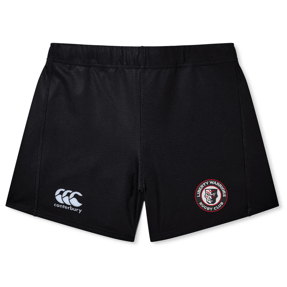 The Liberty Lake Warriors Women's Yokohama Short by EMB Canterbury in black showcases the Canterbury CCC logo on the left and a red and white "Wigan Warriors Rugby Club" emblem on the right, made with Vapodri fabric for improved comfort and performance.