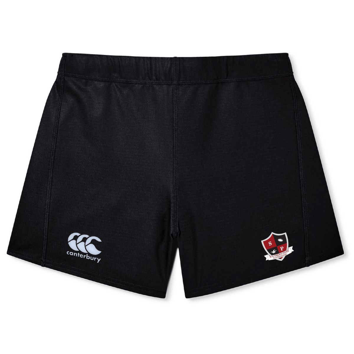 The Southern Pines Youth Rugby Women's Yokohama Short by EMB Canterbury features a white Canterbury logo on the left and a red and black shield emblem on the right, ideal for women's rugby.