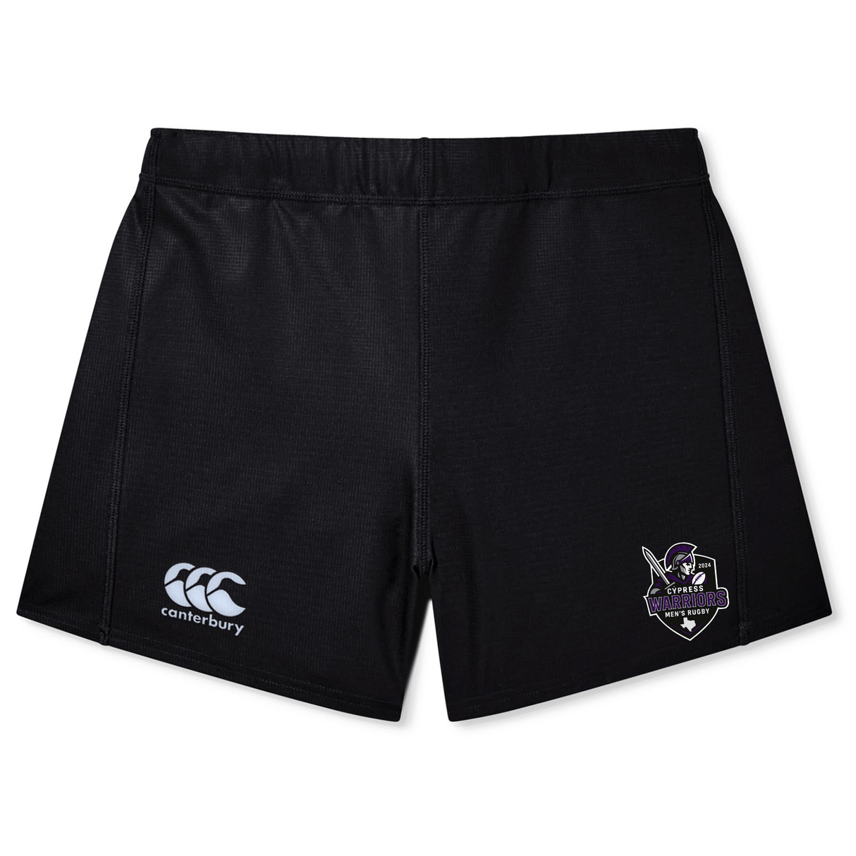 The EMB Canterbury Cypress Warriors Men's Rugby Women's Yokohama Short features the Canterbury logo on the left leg, team crest on the right, and is made from comfy Vapodri fabric—perfect for women's rugby.