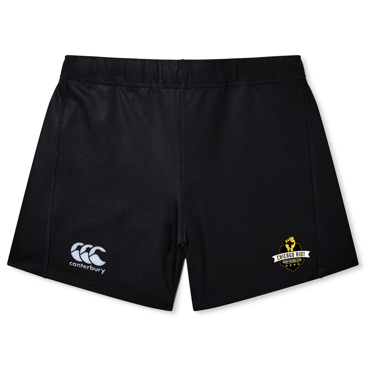 The Chicago Riot Women's Yokohama Short by EMB Canterbury features a small Canterbury logo on the left leg and a gold and black "Chicago Riot Rugby" logo on the right, ideal for fans of women's rugby shorts.