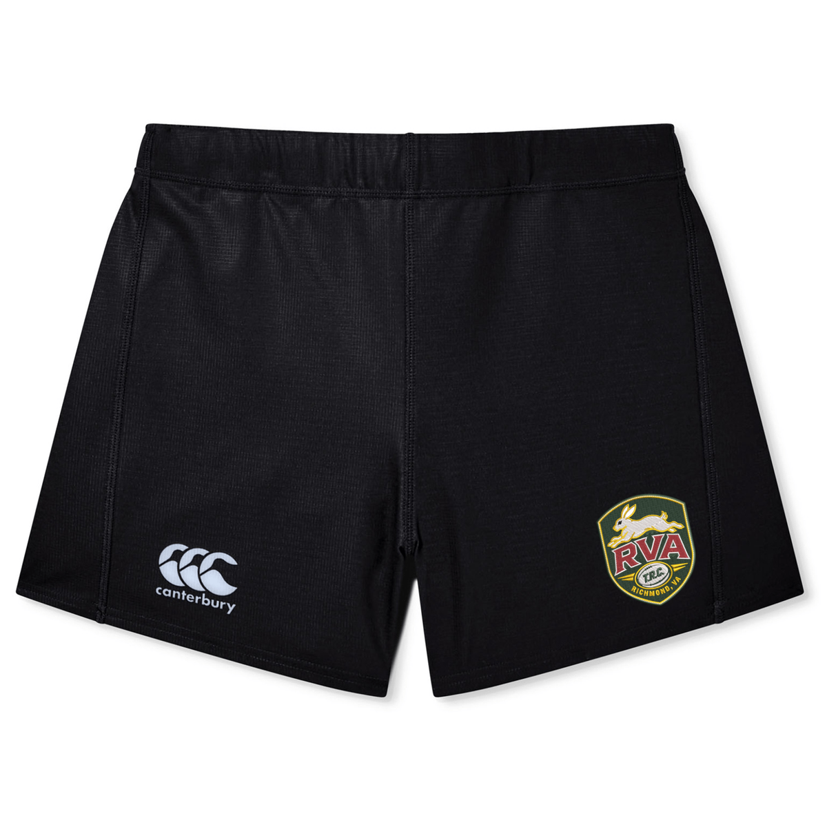 The RVA T.R.C. Women’s Yokohama Short by EMB Canterbury features a black design with the iconic Canterbury logo on the left leg and the RVA rugby club crest on the right, made from lightweight Vapodri fabric for maximum comfort—ideal women’s rugby shorts, shown against a plain white background.