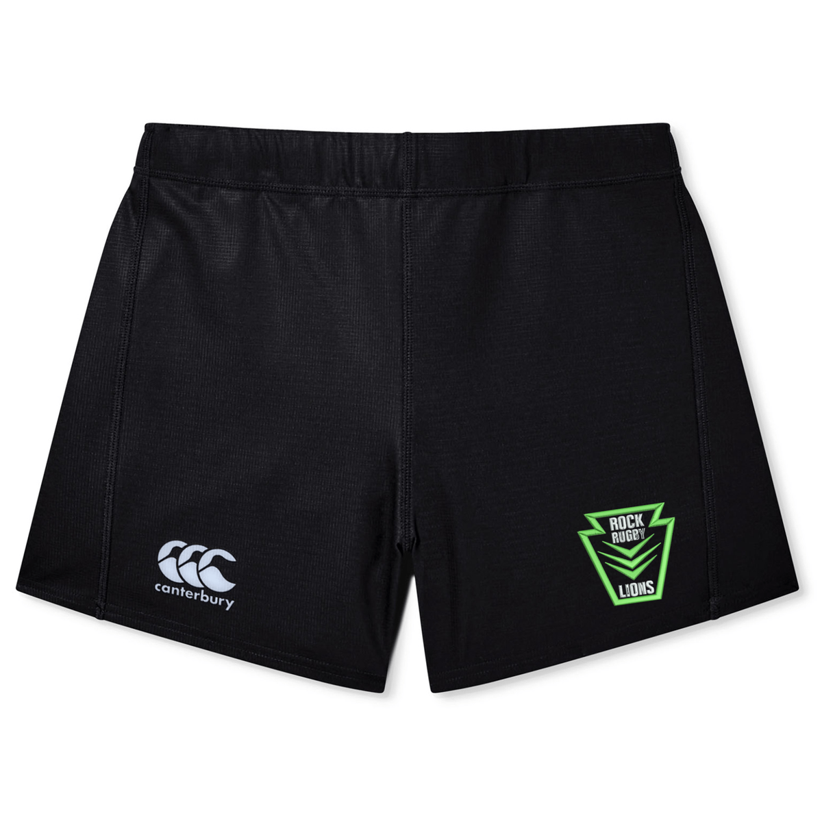 Black Rock Rugby Women’s Yokohama Short by Canterbury featuring a white logo on the left leg and a green and black “Rock Rugby Lions” shield emblem on the right.