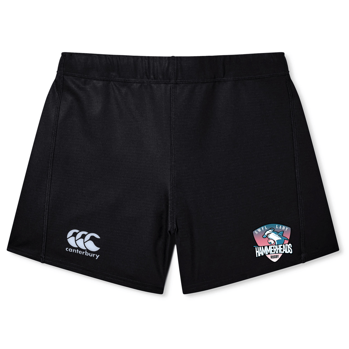 The SWFL Lady Hammerheads Women's Yokohama Short by WRS Canterbury features black athletic rugby shorts with a Canterbury logo on the left leg and a South Logan Hammerheads logo on the right, made from lightweight, durable fabric for a secure fit.