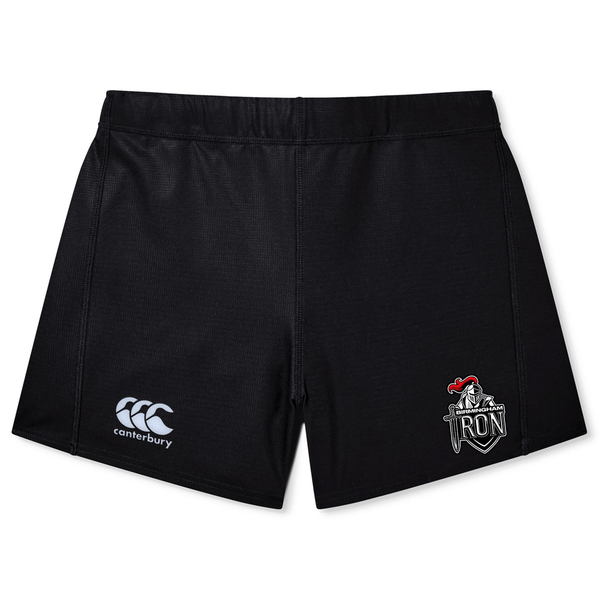 The EMB Canterbury Birmingham Iron Women's Football Yokohama Short features a white logo on the left leg and an Iron Knights emblem on the right, blending style and performance for women on the field.