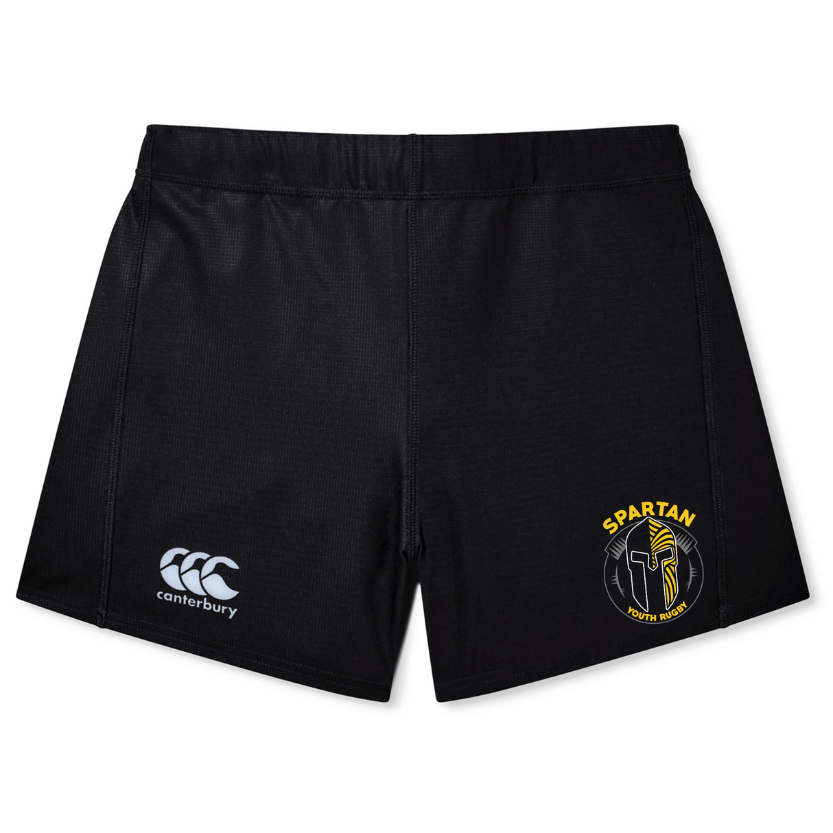 The Spartan Youth Rugby Women's Yokohama Short by EMB Canterbury features black fabric, a Canterbury logo on the left leg, and a Spartan South Room crest on the right, combining style and performance for women's rugby.