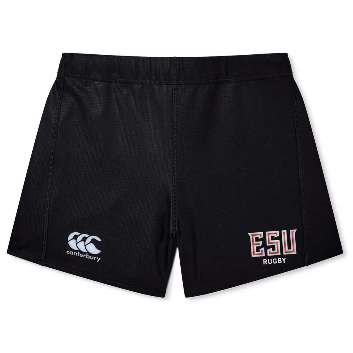 The East Stroudsburg University Women's Yokohama Short by EMB Canterbury features lightweight, durable black fabric with the Canterbury logo on the left leg and "ESU Rugby" on the right—ideal for women's rugby games.