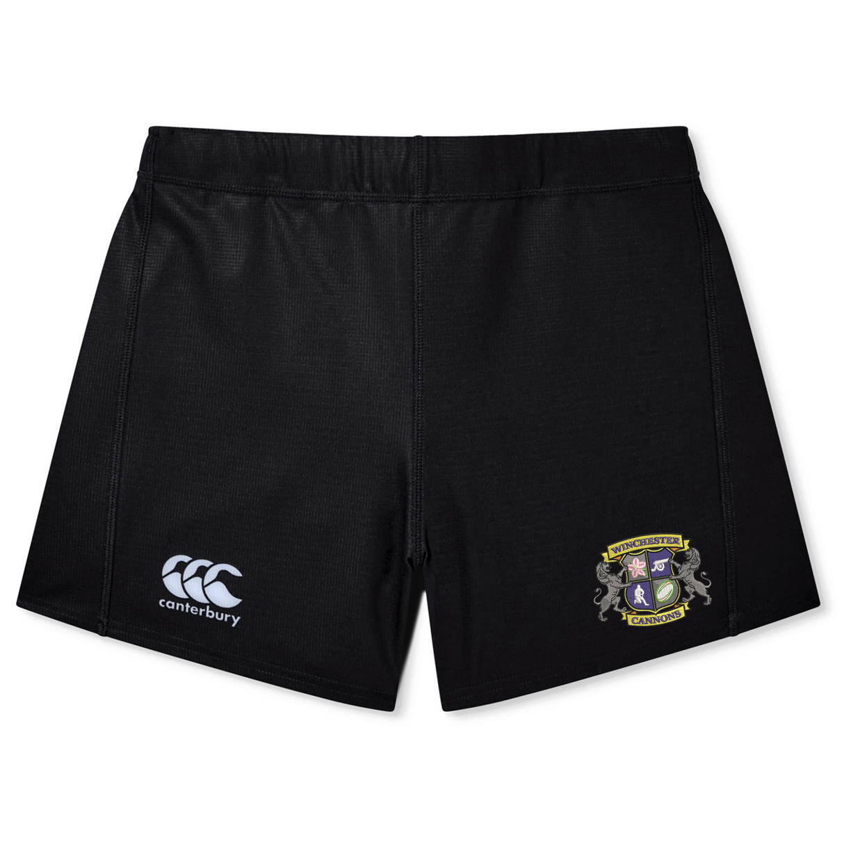 The Winchester Cannons Women's Yokohama Short by EMB Canterbury features the Canterbury logo on the left leg and a colorful embroidered crest on the right, ideal for rugby players seeking style and comfort.