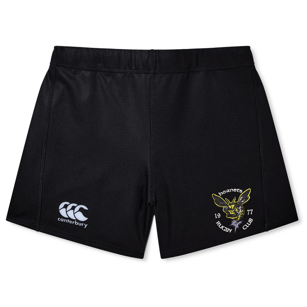 Introducing the Hornets Rugby Club 1977 Women's Yokohama Short by Canterbury—crafted by EMB Canterbury. These black rugby shorts feature the classic Canterbury logo on the left leg, while the right leg showcases a bold yellow hornet and "Hornets Rugby Club 1977" detailing. Designed for optimal performance and contemporary style, these women's rugby shorts are perfect for training sessions and match days alike.