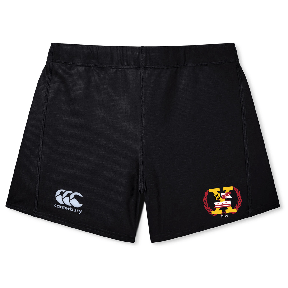 Potomac Exiles Rugby Club Women's Yokohama Shorts by Canterbury, designed by EMB Canterbury, feature a black athletic style with the Canterbury logo on the left leg and a multicolored crest with "2014" on the right leg. Made from lightweight, durable fabric for a secure fit, these shorts are displayed on a white background.