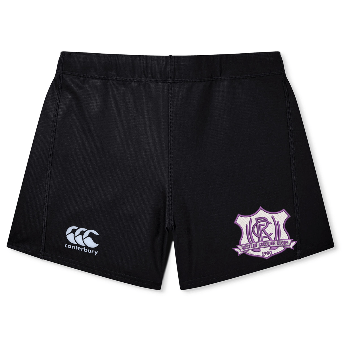 Black Western Carolina University Women’s Yokohama Short by Canterbury featuring a logo on the left leg and a Western Carolina Rugby crest on the right.