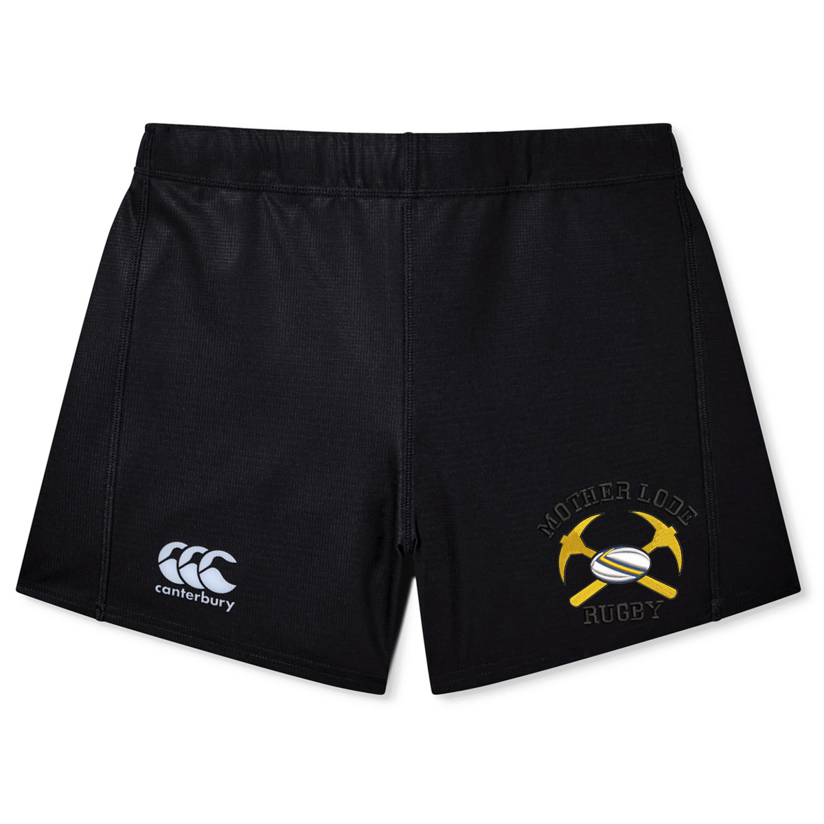 Black Mother Lode Women’s Yokohama Short by Canterbury rugby shorts featuring a brand logo on the right leg and a crossed pickaxes and rugby ball emblem on the left.