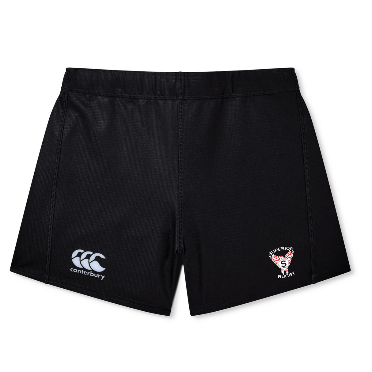 The Superior Rugby Club Women's Yokohama Short by Canterbury, from EMB Canterbury, are black rugby shorts with the Canterbury logo on the left leg and Superior Rugby logo on the right—ideal for rugby fans.