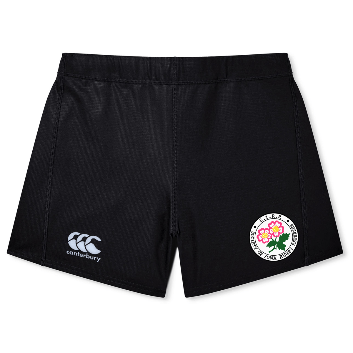 EMB Canterbury Society of Iowa Rugby Referees Women’s Yokohama Shorts—black athletic shorts featuring the Canterbury logo on the left leg and a circular floral emblem with Japanese text on the right leg, perfect as women’s rugby shorts.
