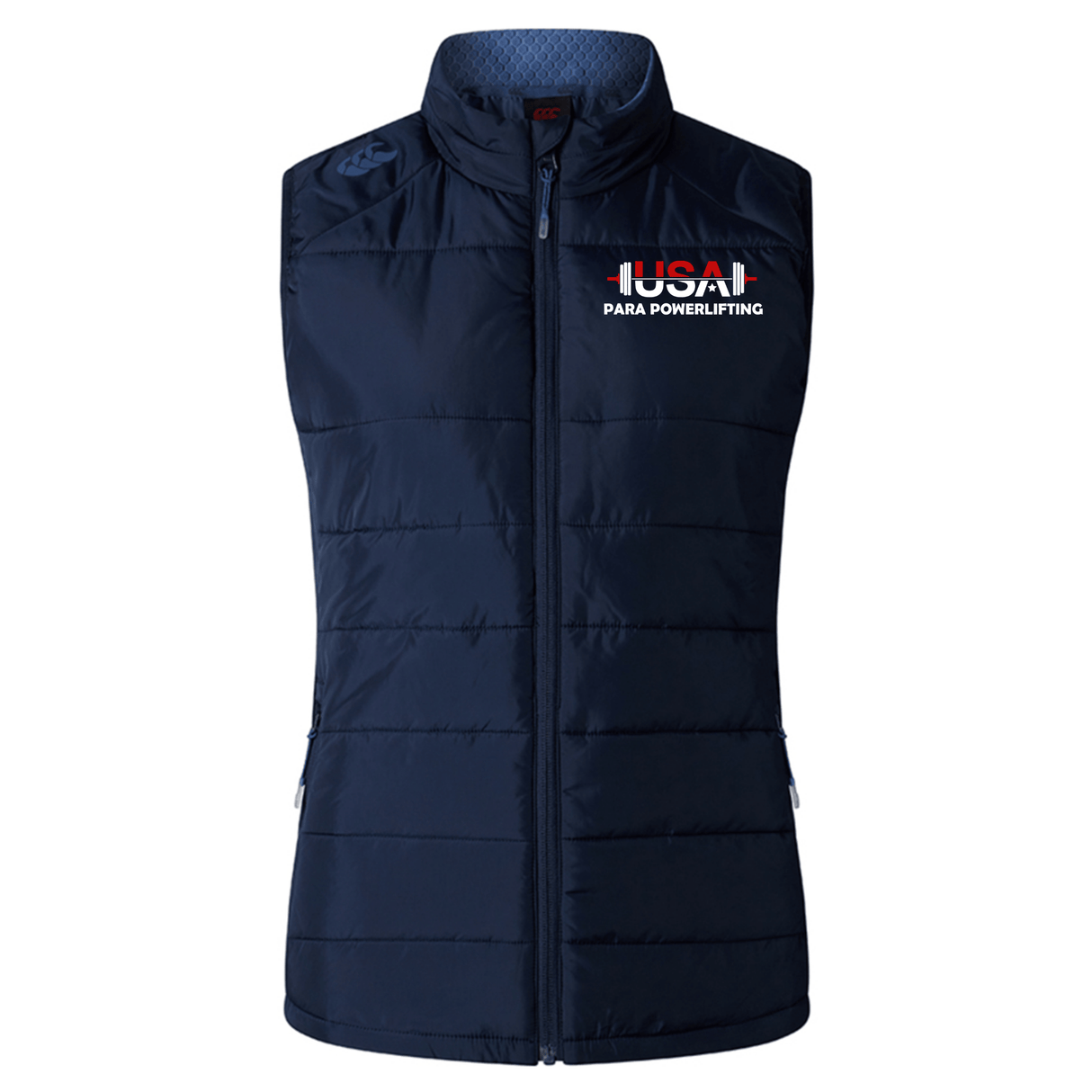 The USA Para Powerlifting Women's Elite Microlite Gilet by EMB Canterbury features a navy blue design, front zipper, and left chest logo, offering warmth and performance for athletes.