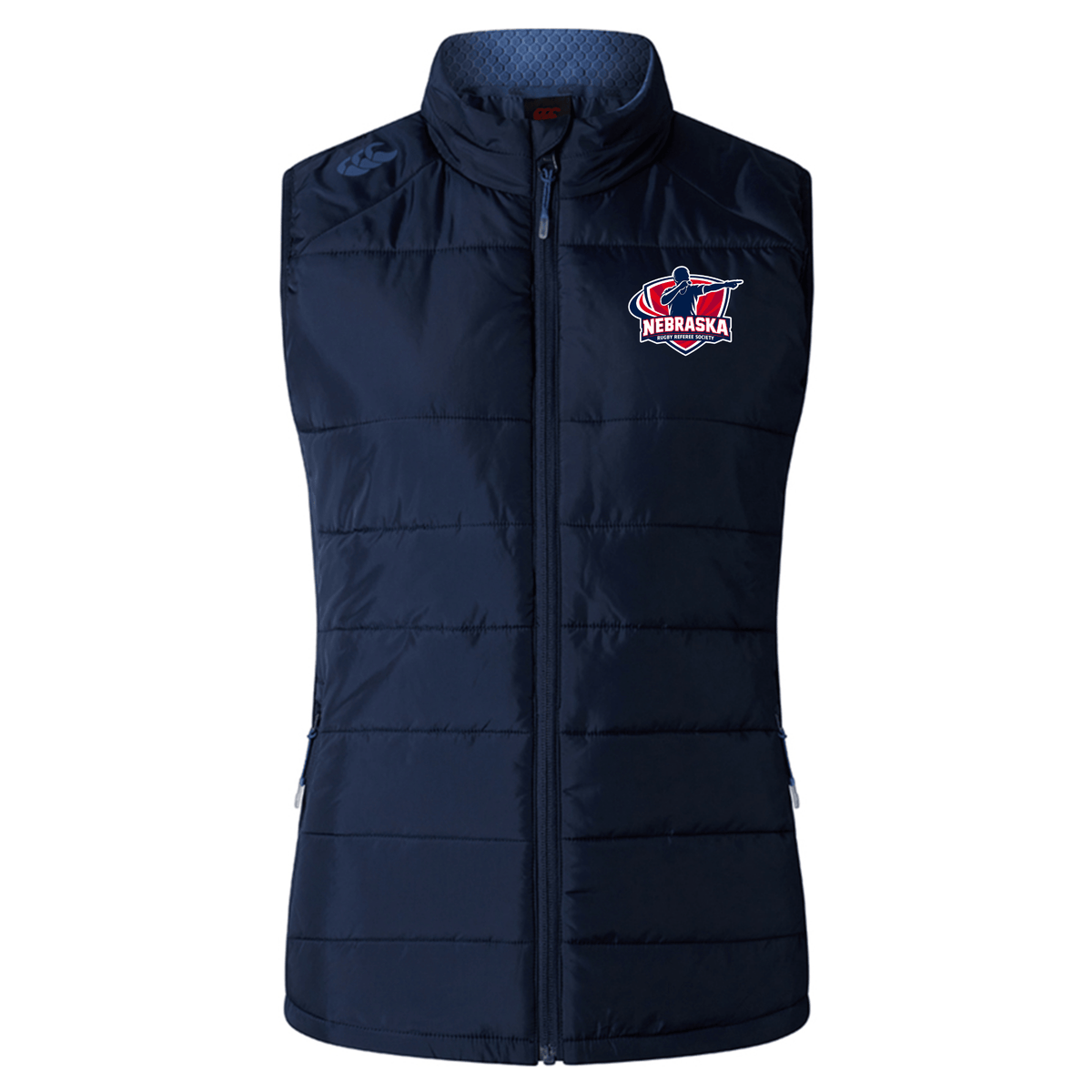Stay warm and show your team pride with the EMB Canterbury Nebraska Rugby Referee Society Women's Elite Microlite Gilet, featuring a zip front, two side pockets, and navy fleece comfort—ideal for layering on cooler days.