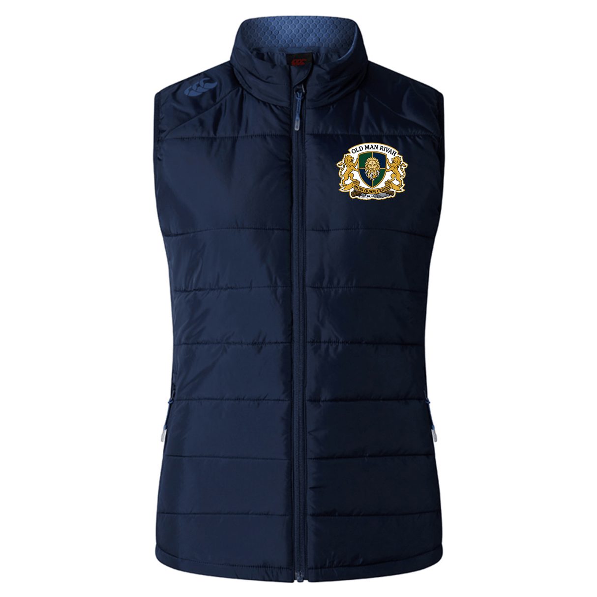 The Old Man Rivah Rugby Women's Elite Microlite Gilet by EMB Canterbury is a navy insulated hybrid vest with a zip front and gold and white crest logo on the left chest, shown on a plain white background.