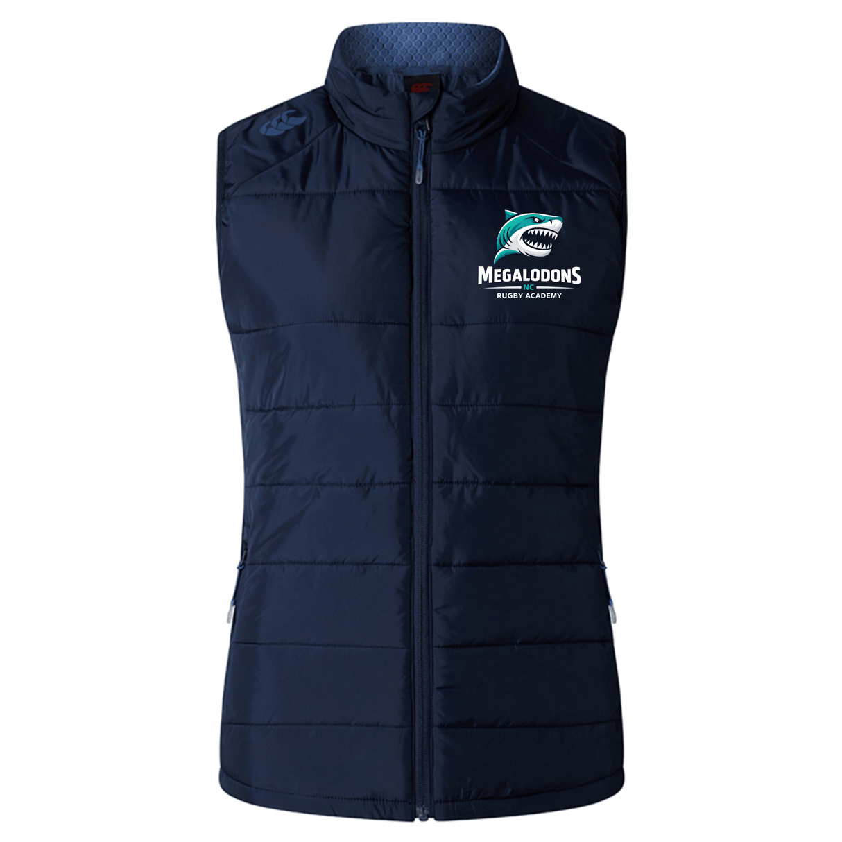 The NC Rugby Academy - Megalodons Women's Elite Microlite Gilet by EMB Canterbury is a navy blue, sleeveless vest with a stand-up collar, front zipper, insulated baffles, and a shark logo on the left chest.