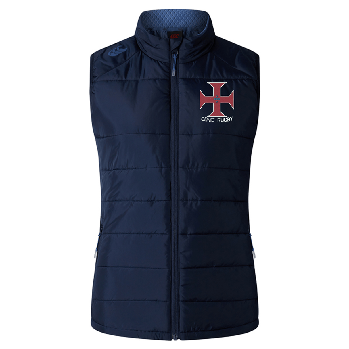 Introducing the SF CDME Rugby Women's Elite Microlite Gilet by EMB Canterbury—a navy blue sleeveless puffer vest with zip closure, adorned with a striking red and white cross logo and "CDNL RUGBY" text on the left chest. Designed for custom made sportswear enthusiasts, this elite gilet effortlessly combines style and functionality.