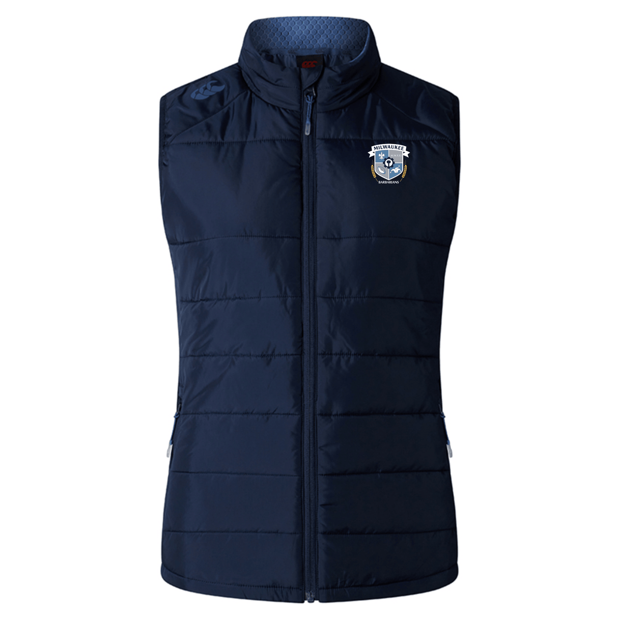 The Milwaukee Barbarians Rugby Women's Elite Microlite Gilet by EMB Canterbury features a front zipper, two side pockets, an embroidered crest on the left chest, and insulated Thermoreg fleece for extra warmth and comfort.