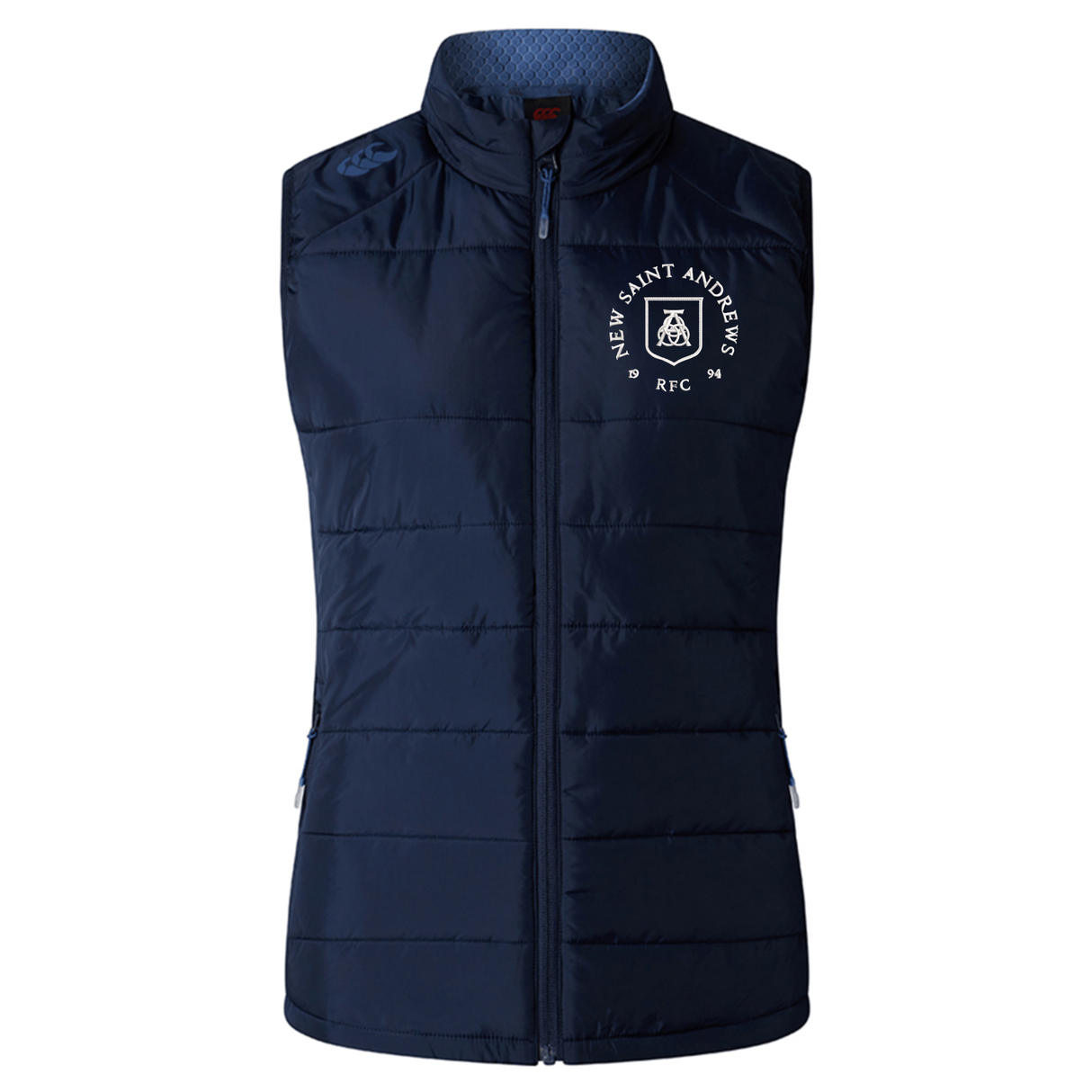 Introducing the New Saint Andrews College Women’s Elite Microlite Gilet by Canterbury: a navy blue, sleeveless insulated fleece vest featuring a front zipper and the “New Saint Andrews RFC” logo on the left chest, expertly crafted by EMB Canterbury for premium custom sportswear.