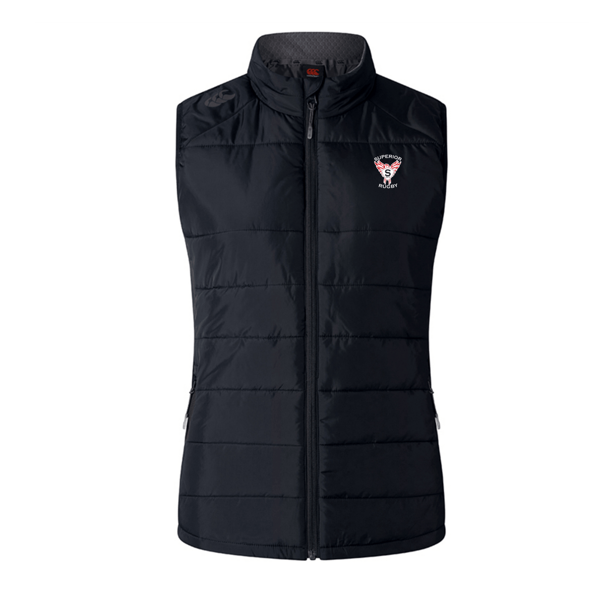 The EMB Canterbury Superior Rugby Club Women's Elite Microlite Gilet is a black, sleeveless insulated vest with a front zipper and an embroidered red "S" and "SOCCER" logo on the left chest.