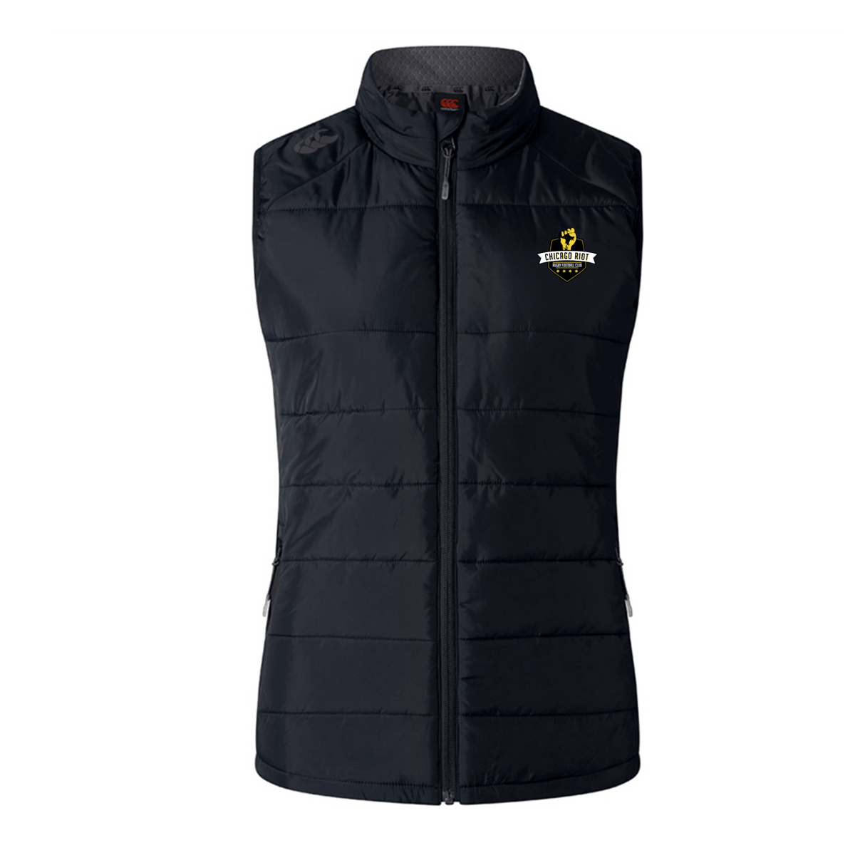 The EMB Canterbury Chicago Riot Women's Elite Microlite Gilet is a black, sleeveless sports vest with front zipper and a yellow, white, and black embroidered logo—ideal for style and warmth.