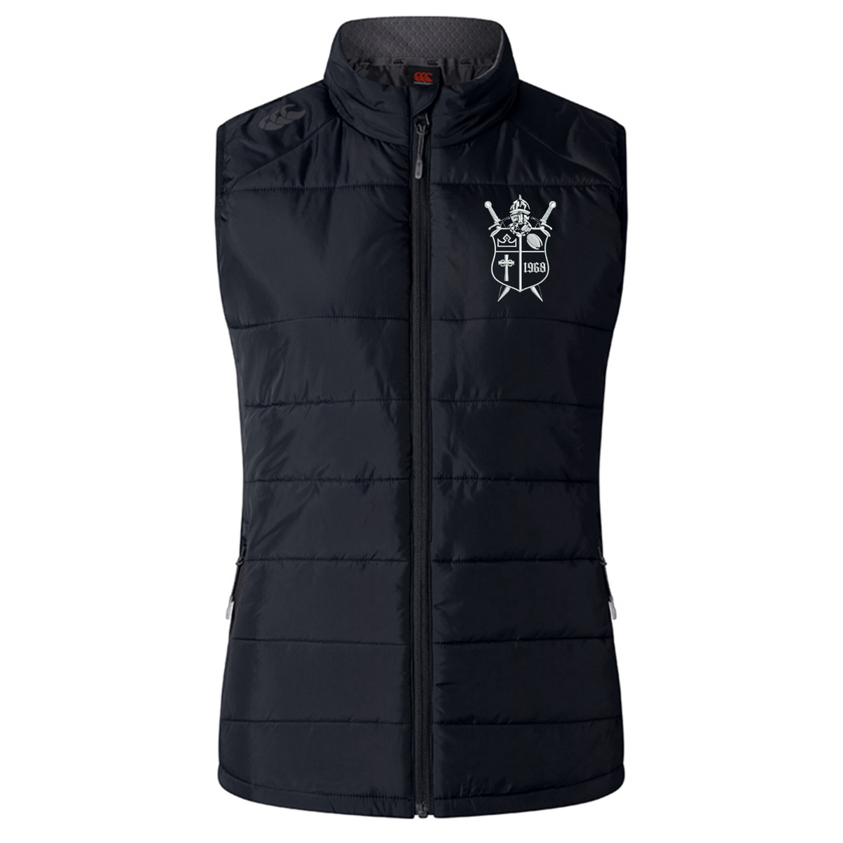Black zip-up Cal Lutheran University Women’s Elite Microlite Gilet by Canterbury with a white embroidered university shield logo on the chest.