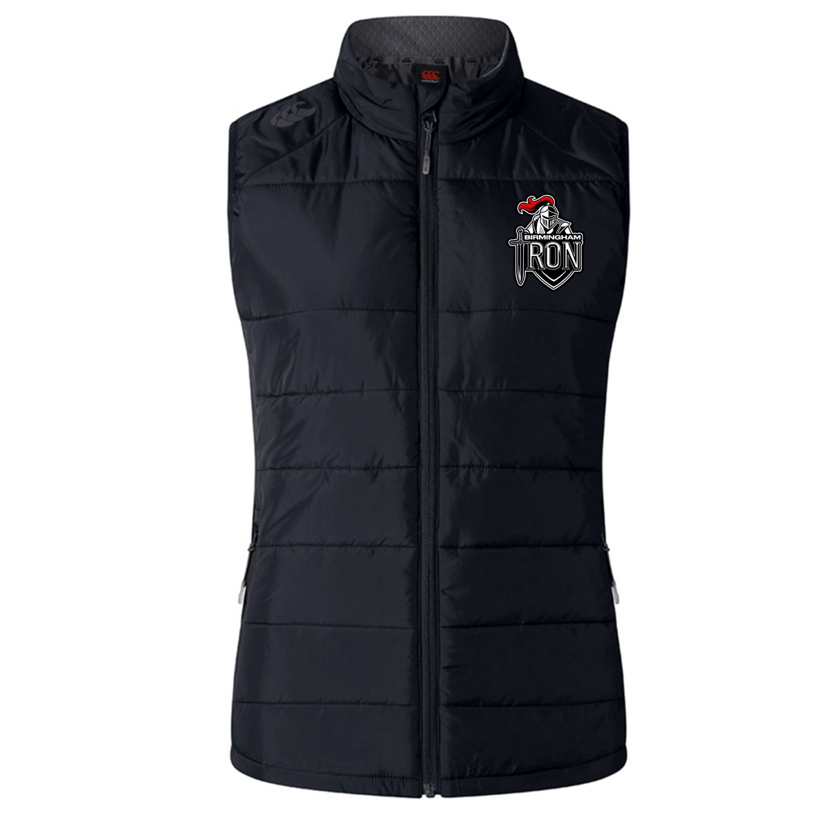 The EMB Canterbury Birmingham Iron Women's Football Elite Microlite Gilet is a black, sleeveless insulated vest with a front zip, two side pockets, and an embroidered IRON logo and graphic on the left chest.