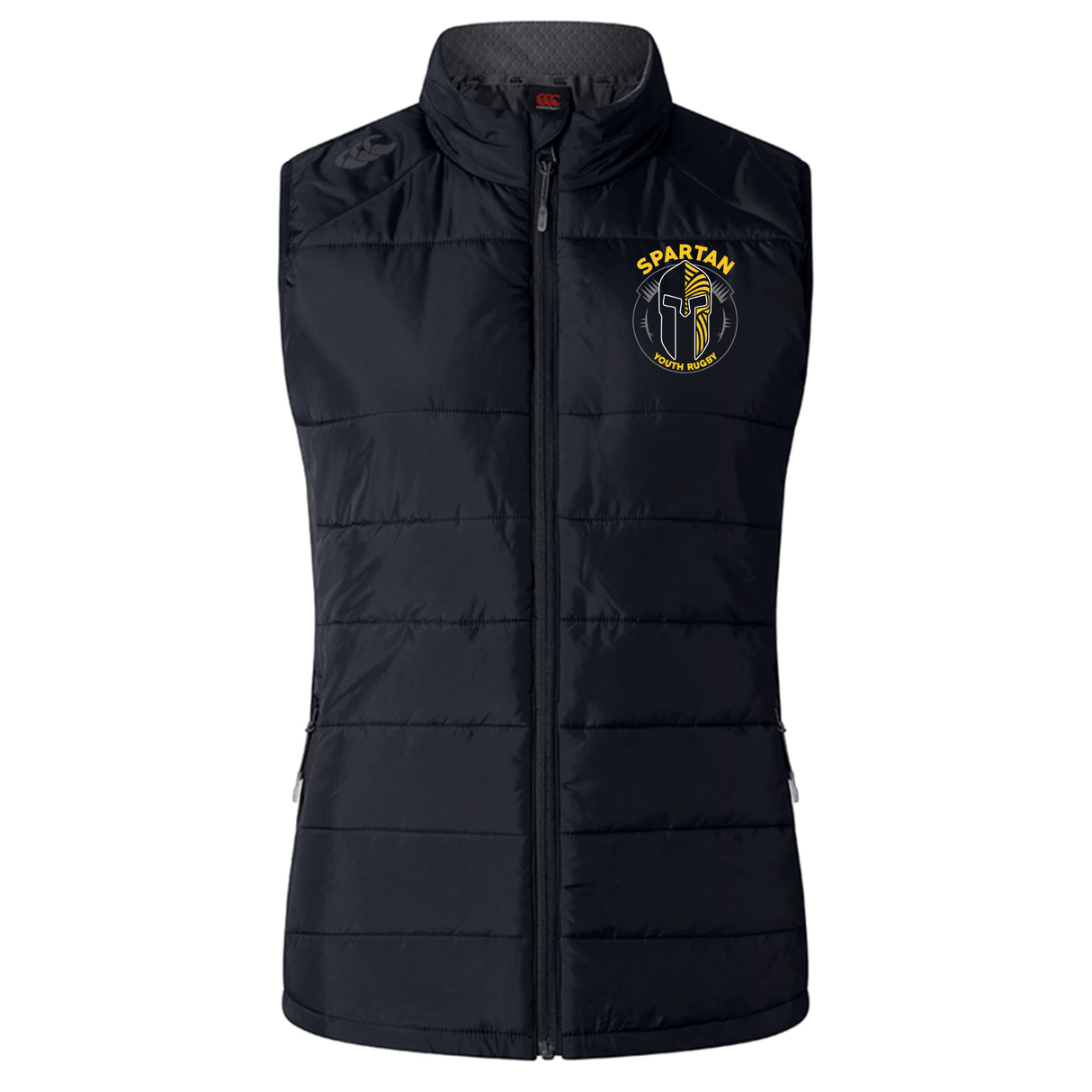 The Spartan Youth Rugby Women's Elite Microlite Gilet by EMB Canterbury is a black, sleeveless insulated vest with a zip front, Spartan logo on the chest, Thermoreg bonded fleece, side pockets, and a high collar for warmth.