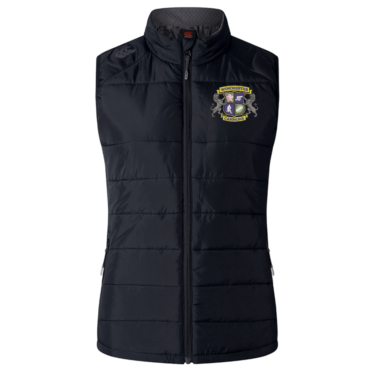 The Winchester Cannons Women's Elite Microlite Gilet by EMB Canterbury is a black sleeveless insulated fleece vest with a front zip, two side pockets, and an embroidered shield and banner crest on the left chest.