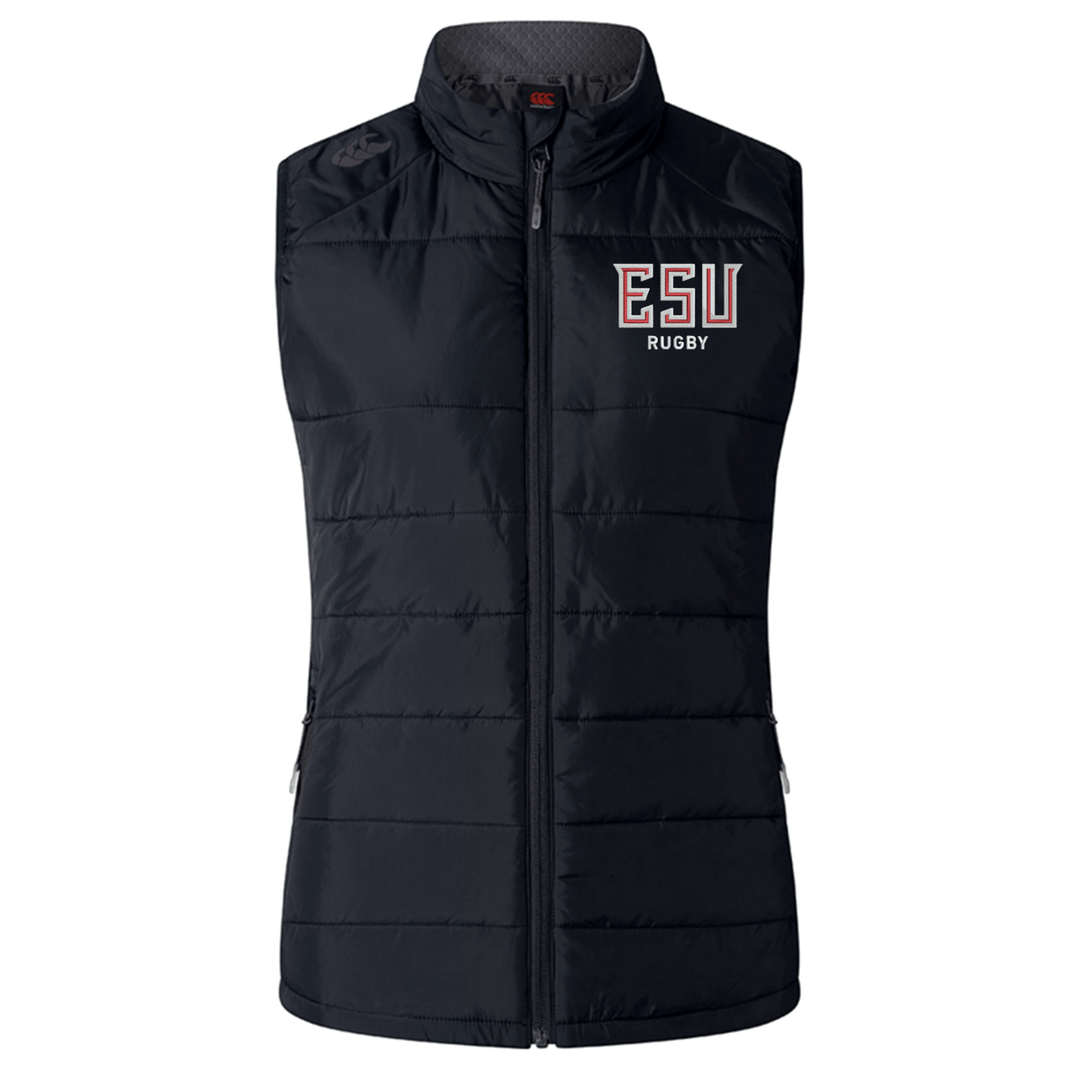Stay warm in style with the EMB Canterbury East Stroudsburg University Women's Elite Microlite Gilet—navy blue, quilted, with front zipper and "ESU Rugby" logo on the chest by Canterbury.