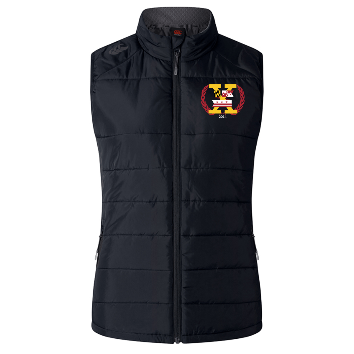 The Potomac Exiles Rugby Club Women's Elite Microlite Gilet by Canterbury features a black insulated design with a front zipper, two side pockets, and a colorful embroidered crest on the left chest displaying a large "H" and "2014." Crafted by EMB Canterbury with Thermoreg bonded fleece, this gilet offers added warmth and comfort.