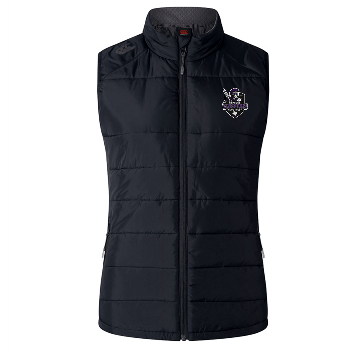 The EMB Canterbury Cypress Warriors Men's Rugby Women's Elite Microlite Gilet is a black sleeveless vest with front zipper, two side pockets, and a stitched team logo on the chest—lightweight for warmth and style every day.