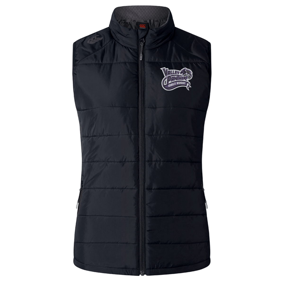 The Valley Panthers Girls Rugby Women’s Elite Microlite Gilet by EMB Canterbury is a black sleeveless puffer vest with a front zipper and two zip pockets, featuring the “Valley Junior Girls Soccer” logo on the left chest. Designed as an insulated sports vest, this women’s elite gilet delivers both warmth and style for active days.